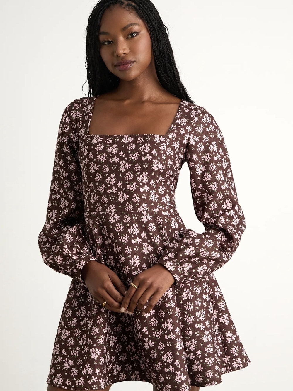 Lulus Brown Floral Square-Neck Long-Sleeve Mini Dress New With Tags